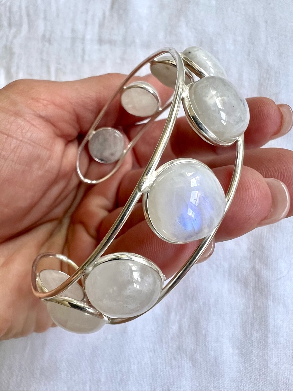 925 Rainbow Flash Moonstone Orbit Cuff Bracelet